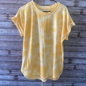 Cupio Women's Short-Sleeved Top Size L Yellow Tie-Dyed Rolled Cuffs